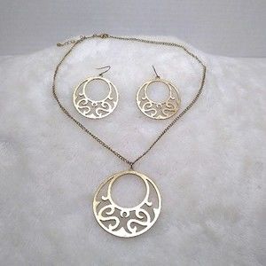 Scrollwork Gold Tone Circle Necklace and Earring Set